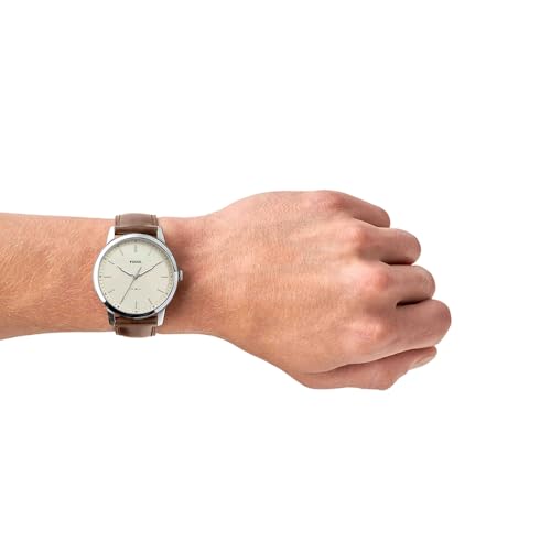Fossil Men's Minimalist Quartz Stainless Steel and Brown Leather Three-Hand Watch for Men, Color: Silver, Brown
