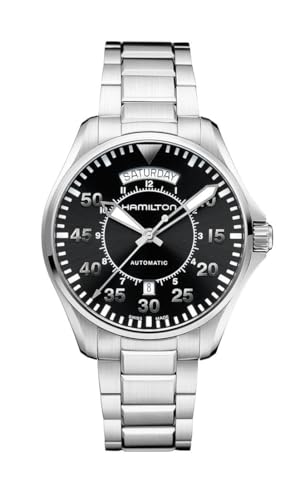 Hamilton Khaki Aviation Automatic Men's Watch, 42mm Stainless Steel Case, Swiss Made, Black Dial Analog Wrist Watch for Men, 100m Waterproof, Sapphire Crystal, Stainless Steel Strap