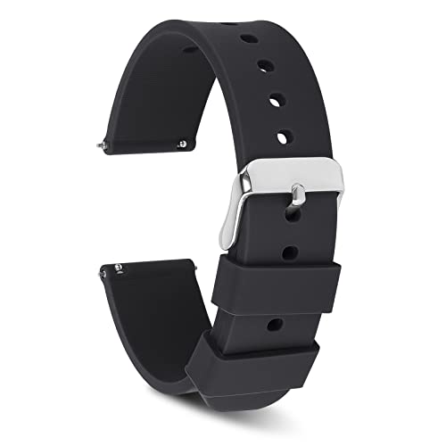 Cobee Silicone Watch Bands, Quick Release Waterproof Soft Rubber Replacement Straps with Silver Plated Stainless Steel Buckle Smart Watch Straps Sport Watchbands for Men Women (20mm-Black)