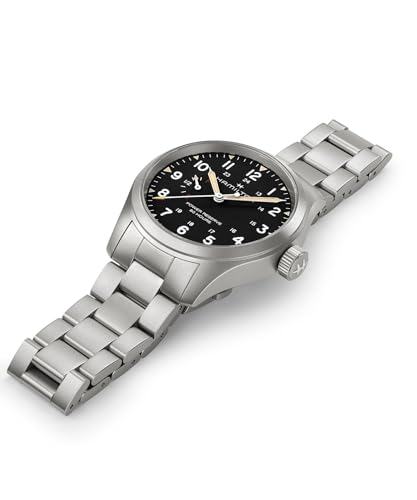 Hamilton Khaki Field Mechanical Mens Watch, 40mm Stainless Steel Case, Swiss made, Black Dial Analog Wrist Watch for Mens 100 Meters Water resitance, Sapphire Crystal, 3-Hand Movement, Stainless Steel Bracelet