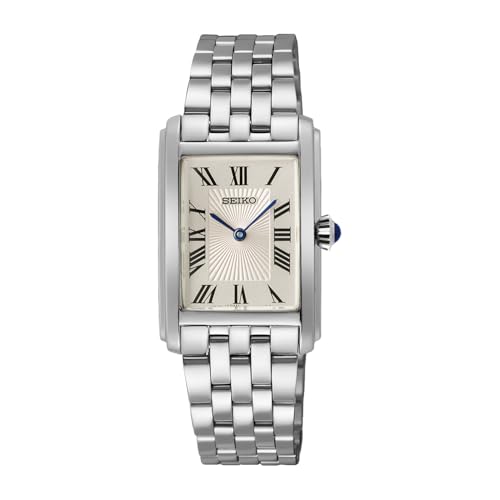 Seiko SWR083 Rectangular Watch - Essentials Collection - Roman Numeral Dial, Blue Hands, Stainless Steel Bracelet, and 50m Water Resistance