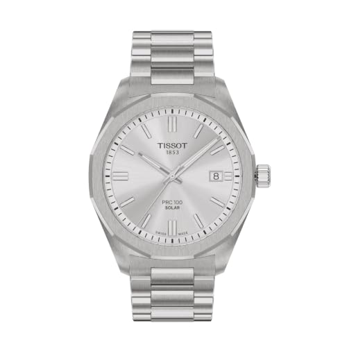 Tissot PRC 100 Solar, Silver Dial, 39mm Watch for Men, Stainless Steel Case and Bracelet, Solar Quartz Movement, T1514221103100