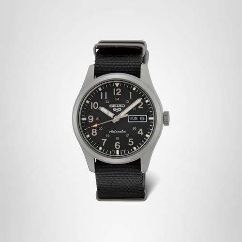 SEIKO SRPG37 Watch for Men - 5 Sports - Automatic with Manual Winding Movement, Black Dial, Stainless Steel Case, Black Nylon Strap, 100m Water Resistant, and Day/Date Display