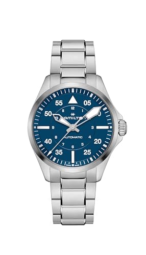 Hamilton Khaki Aviation Pilot Automatic Men's Watch, 39mm Stainless Steel Case, Swiss Made, Blue Dial Analog Wrist Watch, 100m Waterproof, Sapphire Crystal, 3-Hand Movement, Stainless Steel Strap