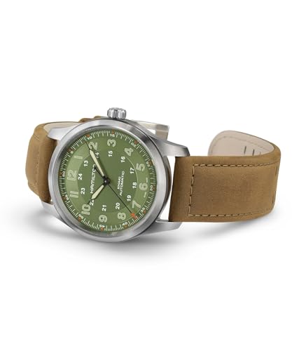 Hamilton Khaki Field Titanium Automatic Men's Watch, 38mm Titanium Case, Swiss Made, Green Dial Analog Wrist Watch for Men, 100m Waterproof, Sapphire Crystal, 3-Hand Movement, Cow Leather Strap