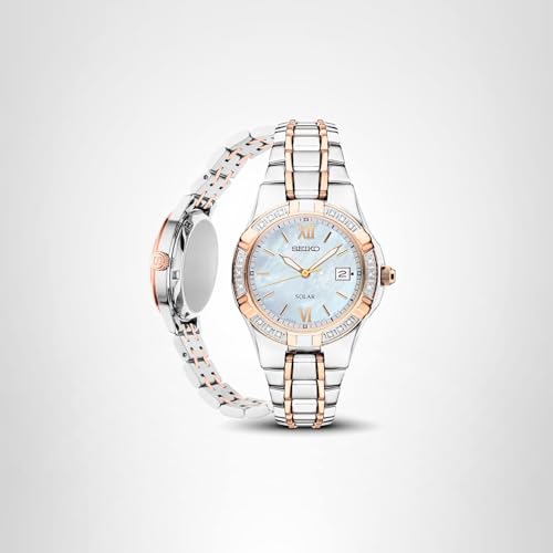 SEIKO SUT068 Watch for Women - Diamond Collection - with 18 Diamond Accents, Solar Power, Mother-of-Pearl Dial, Two-Tone Gold Stainless Steel Case & Bracelet, and Water-Resistant to 50m