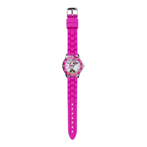 Disney Minnie Mouse Kids' Time Teacher Watch – Pink Rubber Strap, Easy-Read Analog Dial with Minnie Artwork, Enamel Bezel, Educational Watch for Girls – Fits Wrists 5.5" to 8"