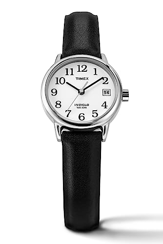 Timex Women's Easy Reader 25mm Watch – Silver-Tone Case White Dial with Black Leather Strap