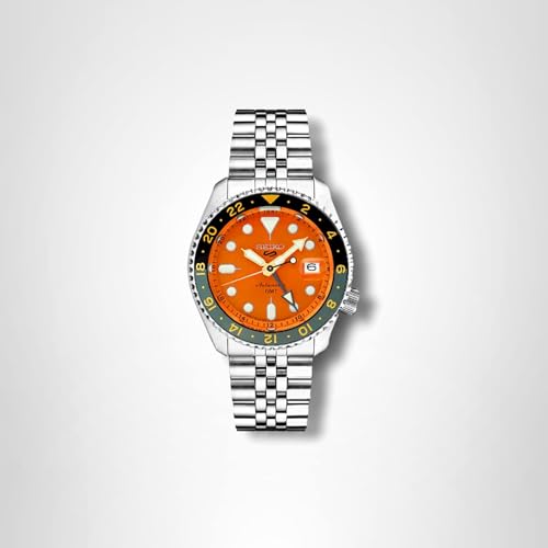 Seiko SSK005 Automatic Watch for Men - 5 -Sports - Orange Dial with Date Calendar and Luminous Hands & Markers and Gray GMT Bezel, 100m Water-Resistant