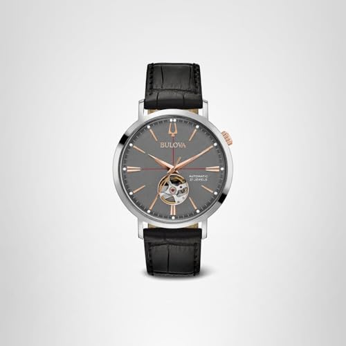 Bulova Men's Classic Aerojet 3-Hand Automatic Leather Strap Watch, Open Aperture, 40-Hour Power Reserve, Double Curved Mineral Crystal, 41mm Style: 98A187