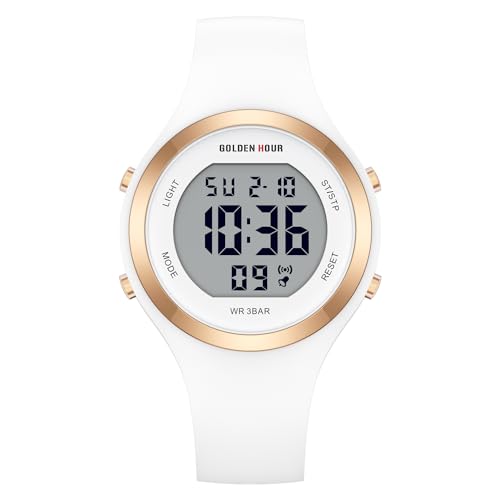 GOLDEN HOUR Waterproof Sport Women's Digital Chronograph Silicone Strap Watch in White