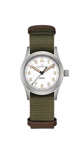 Hamilton Khaki Field Khaki Quartz Women's Watch, 33mm Stainless Steel Case, Swiss Made, White Dial Analog Wrist Watch for Women, 50m Waterproof, Sapphire Crystal, Textile Strap