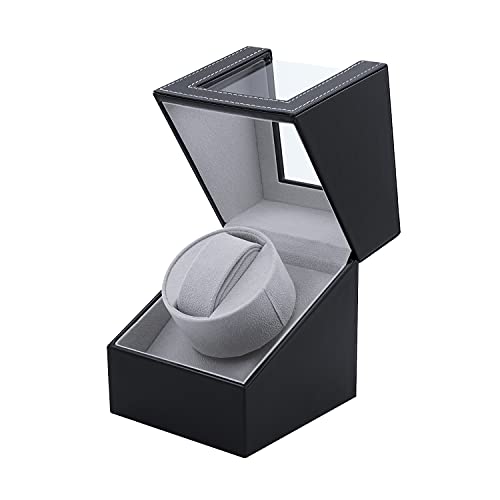 Mcbazel Single Watch Winder, Ultra Quiet Japanese Motor Automatic Watch Winder Box with Multiple Rotation Modes, Premium Watch Winder for Automatic Watches (AC/ Battery Powered) - Black with PU Leather