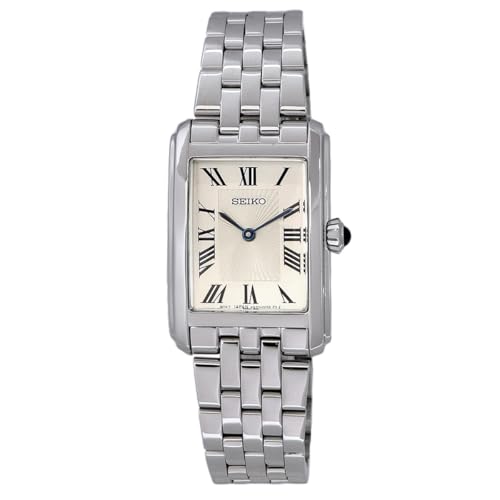 Seiko SWR083 Rectangular Watch - Essentials Collection - Roman Numeral Dial, Blue Hands, Stainless Steel Bracelet, and 50m Water Resistance