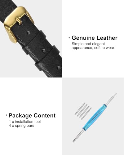 uxcell Black Genuine Leather Band 18mm Width, Flat Thin Elegant Leather Watch Strap Golden Tone Buckle for Women