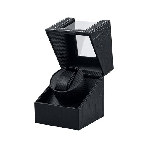 Mcbazel Single Watch Winder, Ultra Quiet Japanese Motor Automatic Watch Winder Box with Multiple Rotation Modes, Premium Watch Winder for Automatic Watches (AC/ Battery Powered) - Black with Crocodile Pattern