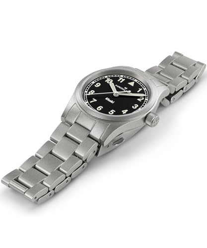 Hamilton Khaki Field Khaki Quartz Men's Watch, 33mm Stainless Steel Case, Swiss Made, Black Dial Analog Wrist Watch for Men, 50m Waterproof, Sapphire Crystal, Stainless Steel Strap