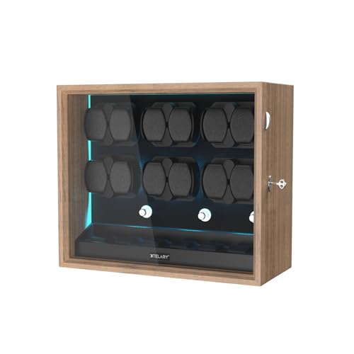 XTELARY Watch Winder for 12 Automatic Watches, Wood Color Lockable Automatic Winders with Extra 6 Watch Storages, 4 Rotation Modes, Flexible Watch Pillows, Quiet Mabuchi Motor, and Blue Backlight