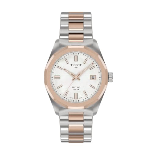Tissot PRC 100 Solar, White Dial, 34mm Watch for Women, Two-Tone Rose Gold and Silver Stainless Steel Bracelet, Solar Quartz Movement, T1518222211100