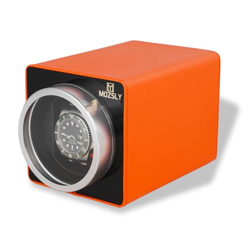 MOZSLY Single Watch Winder for Automatic Watches with Quiet Motor 12 Rotation Mode Setting Orange Leather