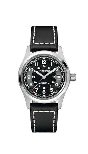 Hamilton Khaki Field Automatic Men's Watch, 38mm Stainless Steel Case, Swiss Made, Black Dial Analog Wrist Watch for Men, 100m Waterproof, Sapphire Crystal, 3-Hand Movement, Cow Leather Strap