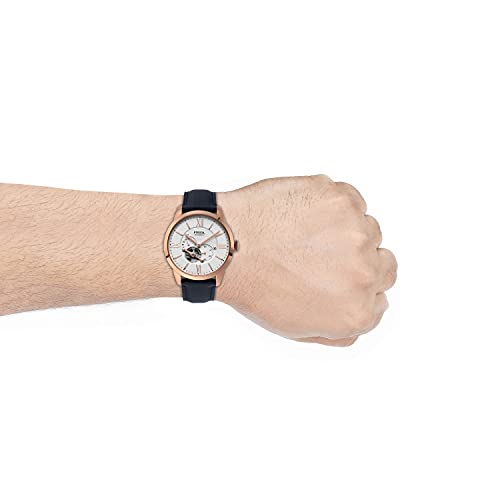 Fossil Men's Watch, Townsman Automatic Stainless Steel and Leather Two-Hand Skeleton Watch, Color: Rose Gold/Navy