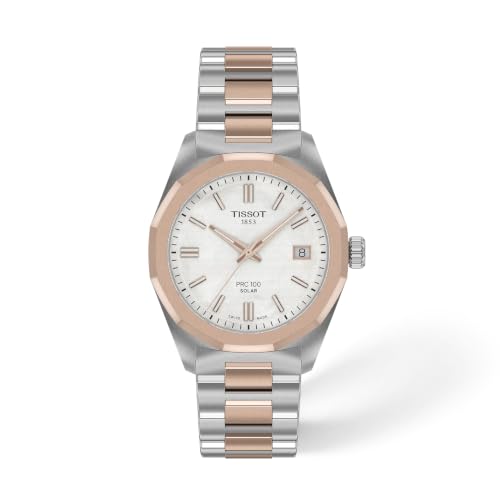 Tissot PRC 100 Solar, White Dial, 34mm Watch for Women, Two-Tone Rose Gold and Silver Stainless Steel Bracelet, Solar Quartz Movement, T1518222211100