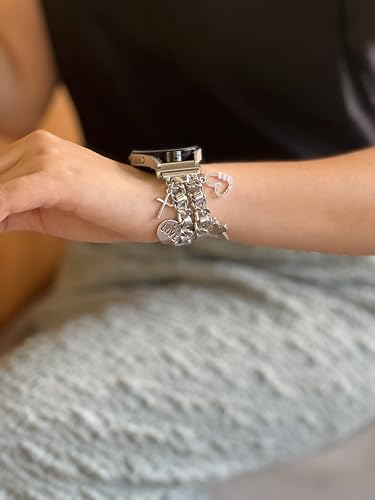 Silver Bracelet Band with Cute Charm Compatible for Samsung Galaxy Watch 7 6 5 4 FE 40mm 44mm/5 Pro 45mm/6 Classic 43mm 47mm/4 Classic 42mm 46mm, Galaxy Active 2, 20mm Metal Replacement Strap for Women