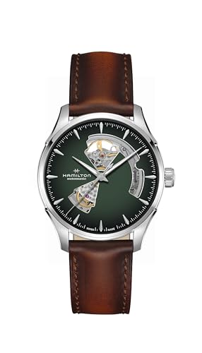 Hamilton Jazzmaster Open Heart Automatic Men's Watch, 40mm Stainless Steel Case, Swiss Made, Green Dial Analog Wrist Watch, 50m Waterproof, Sapphire Crystal, 3-Hand Movement, Cow Leather Strap