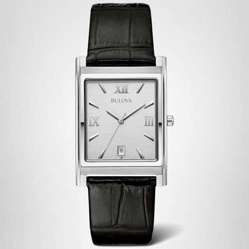Bulova Men's Stainless Steel 3-Hand Calendar Date Quartz Watch with Black Leather Strap, Rectangle Dial Style: 96B107