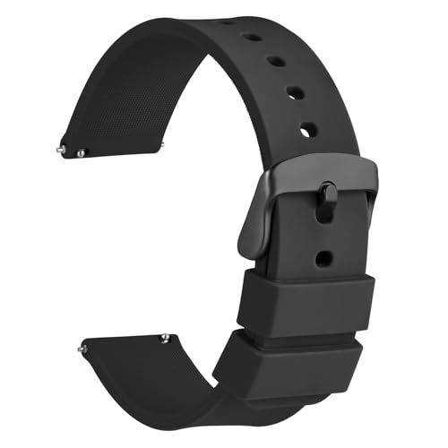 WOCCI 18mm Silicone Watch Band, Quick Release Rubber Replacement Strap with Black Stainless Steel Buckle (Black)