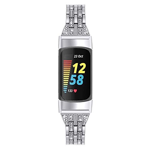 Mtozon Bling Bands Compatible with Fitbit Charge 6/Charge 5, Metal Bracelet Luxurious Rhinestone Replacement Wristband for Women, Silver
