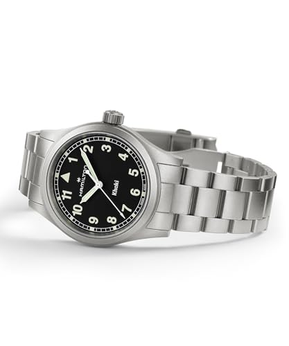 Hamilton Khaki Field Khaki Quartz Men's Watch, 38mm Stainless Steel Case, Swiss Made, Black Dial Analog Wrist Watch for Men, 50m Waterproof, Sapphire Crystal, Stainless Steel Strap