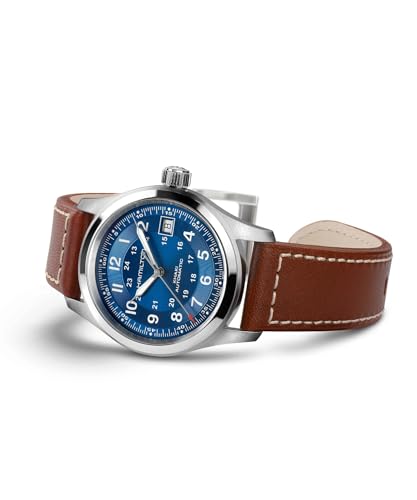 Hamilton Khaki Field Automatic Unisex Watch, 38mm Stainless Steel Case, Swiss Made, Blue Dial Analog Wrist Watch Unisex 100 Meters Water resitance, Sapphire Crystal, 3-Hand Movement, Leather Strap