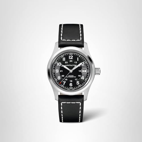 Hamilton Khaki Field Automatic Men's Watch, 38mm Stainless Steel Case, Swiss Made, Black Dial Analog Wrist Watch for Men, 100m Waterproof, Sapphire Crystal, 3-Hand Movement, Cow Leather Strap