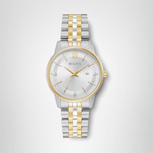 Bulova Ladies' Classic Diamond Two-Tone Gold Stainless Steel 3-Hand Calendar Date Quartz Watch, Silver Dial Style: 98P197