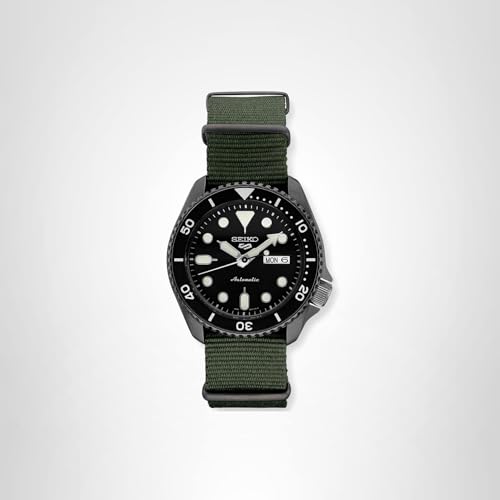 SEIKO SRPD91 Watch for Men - 5 Sports - Automatic with Manual Winding Movement, Black Dial with Black Bezel, Black Ion Stainless Steel Case, Green Nylon Strap, and Day/Date Display