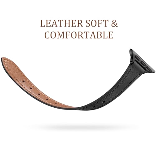Charlam Slim Leather Band Compatible with Apple Watch Band 40mm 38mm 41mm 42mm 44mm 45mm 46mm Women,Top Grain Genuine Leather Strap Thin Wristband for iWatch Series 11 10 9 8 7 6 5 4 3 2 1 SE 3,Black