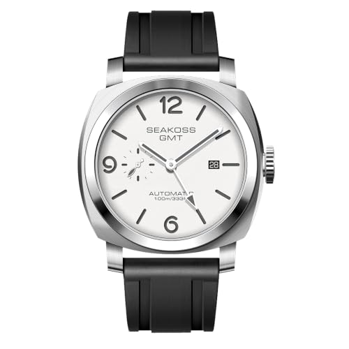 GMT Watches for Men Automatic 45MM Date 10ATM Waterproof Seagull ST2557 Movement LuminousStainless Steel Sapphire Glass Mechanical Wristwatches S8441 (Silicone White)