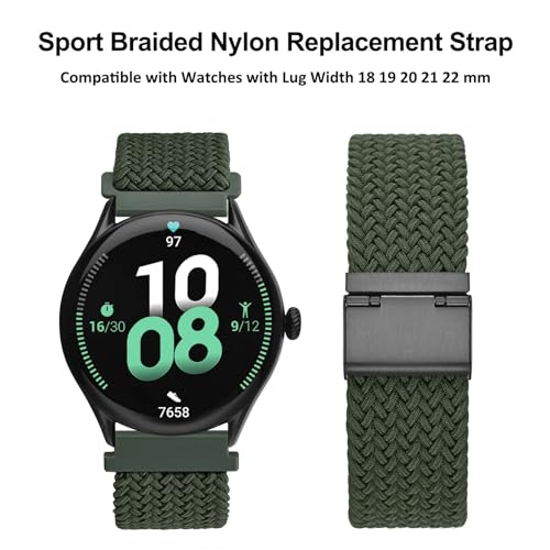 WOCCI 20mm Braided Nylon Watch Band for Men and Women, Quick Release, Black Stainless Steel Buckle (Khaki Green)
