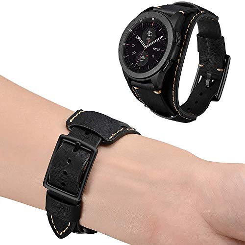 Hepsun Compatible with Samsung Galaxy Watch 7/6/5/4/Watch 42mm/Watch 3 41mm/Active 40mm/Active 2/Gear S2 Classic/Sport /Fossil Q Gazer/Ticwatch 2/Garmin Vivoactive 3 Bands, 20mm Vintage Cuff Genuine Leather Band Strap for Men Women (Black)