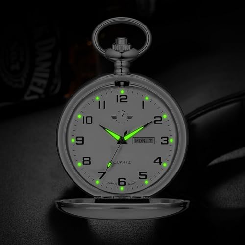 BOSHIYA Smooth Quartz Pocket Watch for Men Classic Arabic Digital Luminous Dial with Day Date and Chain Christmas Graduation Birthday Gift Silver