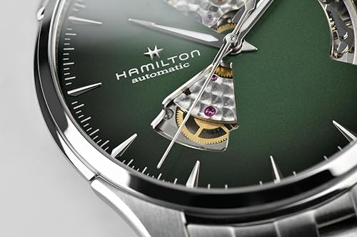 Hamilton Jazzmaster Open Heart Automatic Men's Watch, 40mm Stainless Steel Case, Swiss Made, Green Dial Analog Wrist Watch, 50m Waterproof, Sapphire Crystal, 3-Hand Movement, Stainless Steel Strap