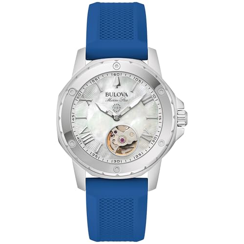 Bulova Ladies' Marine Star Automatic Stainless Steel Case and Blue Silicone Strap, Mother of Pear Dial Style:96l324