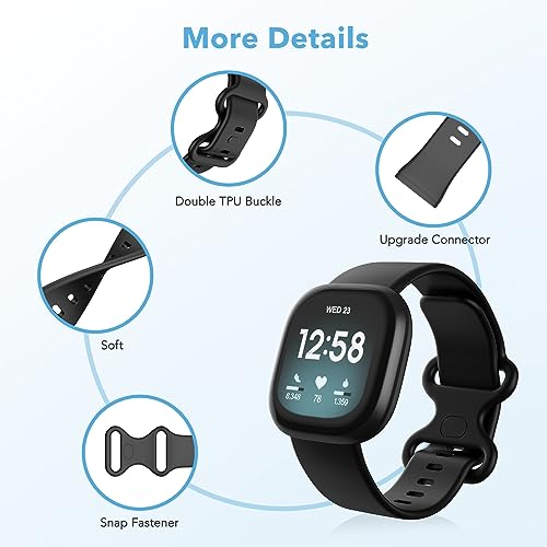 2 Pack Waterproof Bands Compatible with Fitbit Versa 3 / Fitbit Versa 4 / Fitbit Sense/Sense 2 Bands, Classic Soft Sports Replacement Wristbands for Women Men (black/black, Large 7.1''-8.7'')