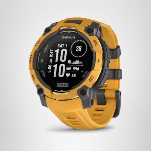 Garmin Instinct® 3 – 45 mm, Solar, Rugged Outdoor GPS Smartwatch, Built-in Flashlight, Alpine Rush Collection Limited Edition Color, Sunburst with Sunburst/Gray Band