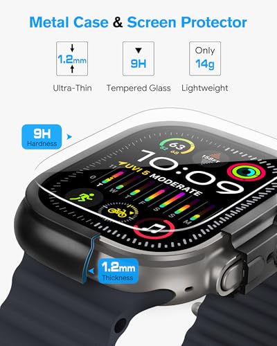 amBand Metal Case Screen Protector Cover for Apple Watch Ultra 3/Ultra 2/Ultra 49mm, W3 Rugged Bumper Thin Frame + 9H Tempered Glass Film + Ceramic-Like Back Cover, [Stylish] [Waterproof], Matte Black