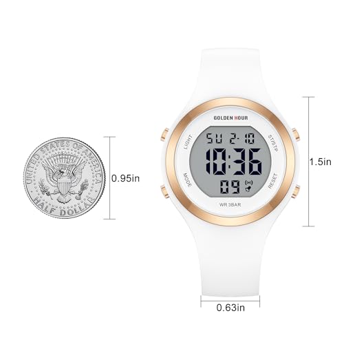 GOLDEN HOUR Waterproof Sport Women's Digital Chronograph Silicone Strap Watch in White