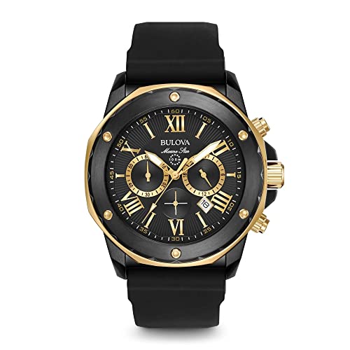 Bulova Men's Marine Star Series A Black and Rose Gold Ion-Plated Stainless Steel 6-Hand Chronograph Quartz Watch, Black Silicone Strap Style: 98B278