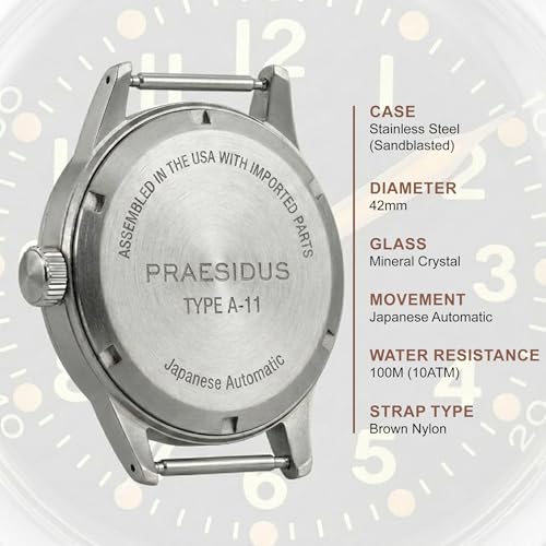 PRAESIDUS A-11 Military Watch | Automatic WW2 Field Watch for Men | 42mm Stainless Steel Case with Black Dial & Brown Nylon Strap and 100M Water Resistance, Assembled in USA